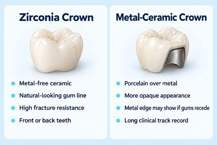 Comparison of zirconia and porcelain crown features